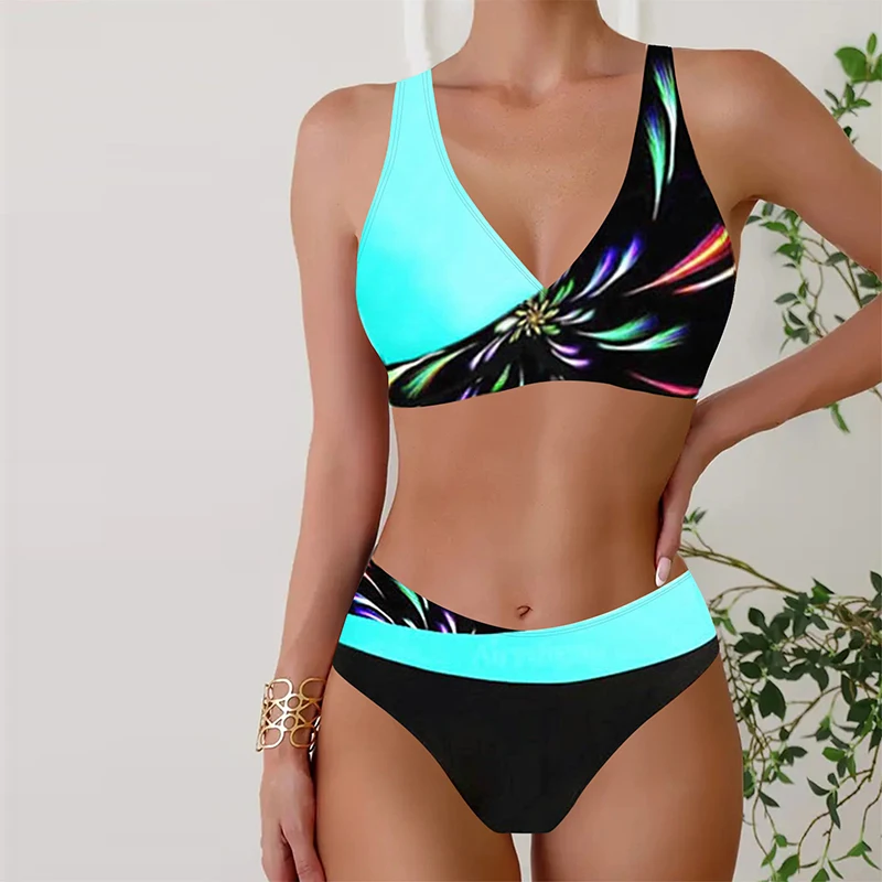 High Quality Women's Summer Swimwear Blue and Purple Color Matching Design Tankini Top Shorts Two Piece Beach Swimwear S-5XL