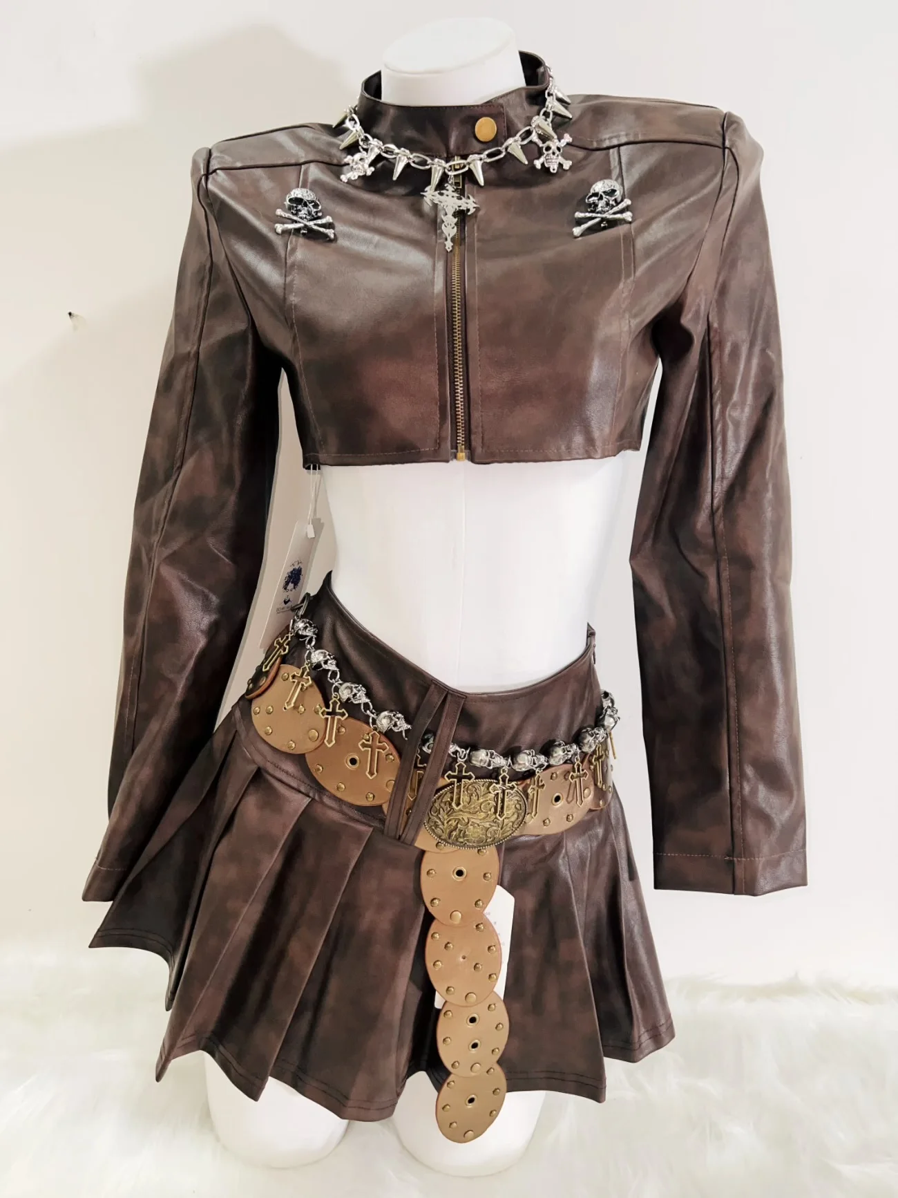 Faux Leather Cropped Jacket and Skirt 3