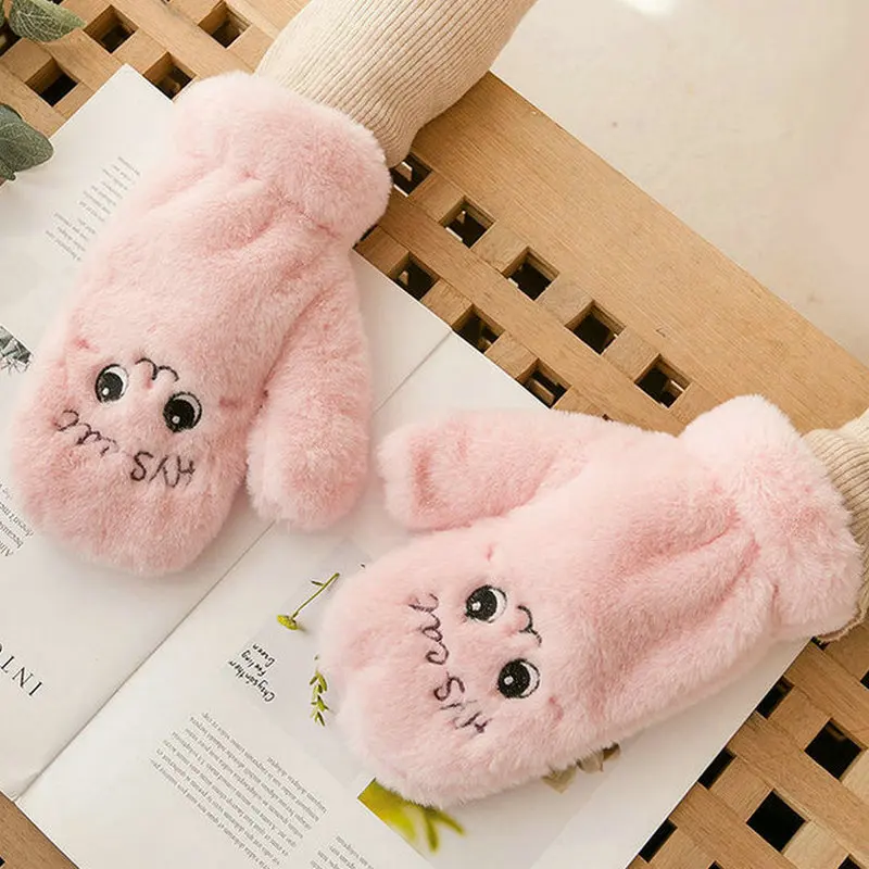 

Women Cute Cat Embroidery Fluffy All Fingers Gloves Warm Soft Plush Glove Outdoor Sports Ski Mittens Winter Wear Christmas Gifts