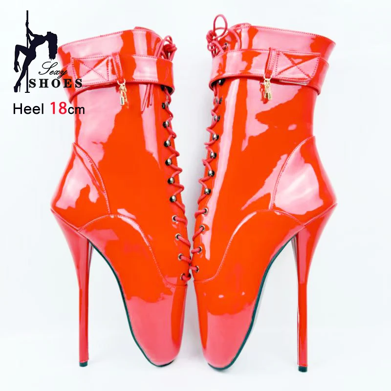 18CM/7'' Stiletto Heel Extreme Fetish Shoes Lock Wrap Strap Ballet Lace up Ankle Boots Women Size 36-46 Red Short Booties Mujer