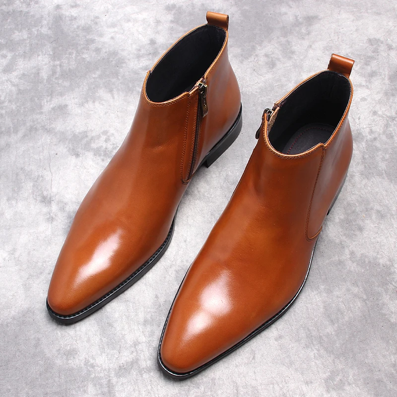 

Handmade Men Boots Black Genuine Leather Man Brown Formal Men Dress Boots Italian Side Zipper Pointy Chelsea Boot Shoes For Men
