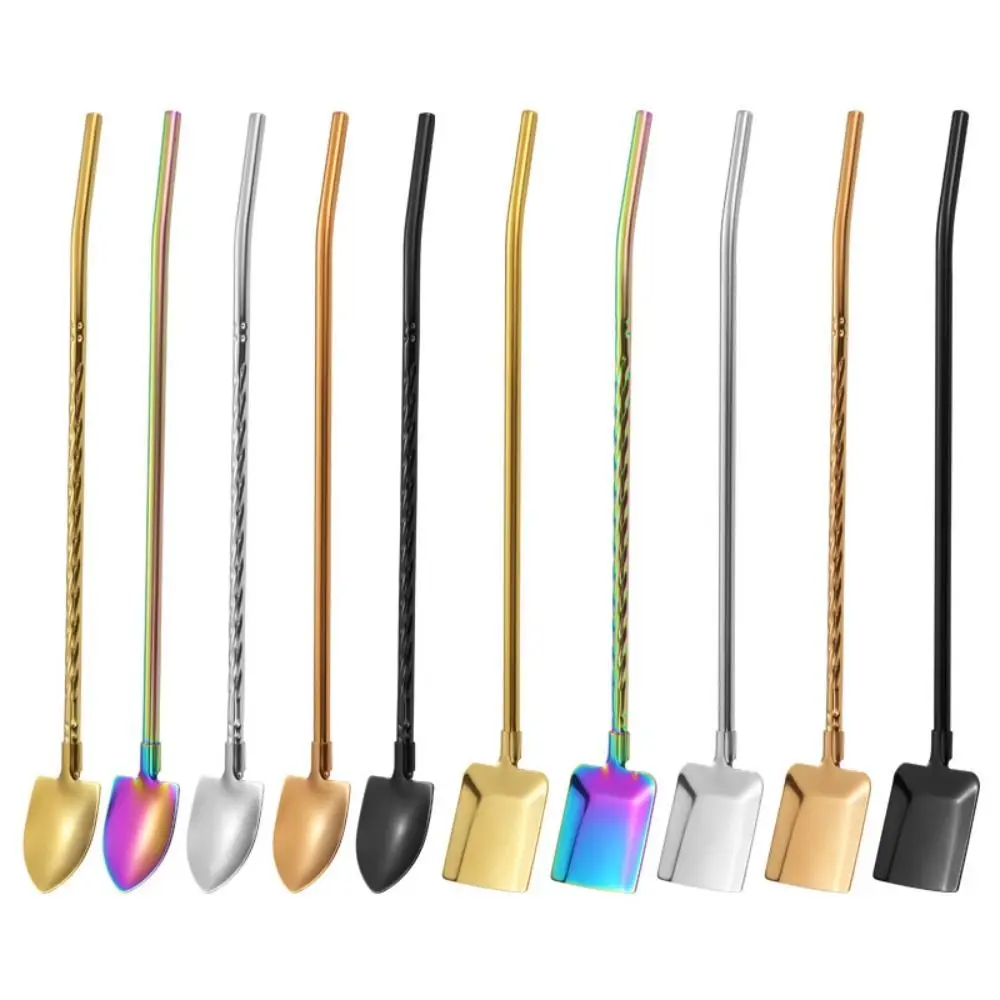 2 in 1 Straw Spoon Stainless Steel Pointed Square Shovel Bar Ice Scoop Cocktail Coffee Stirring Spoon Reusable Hot Proof Straw