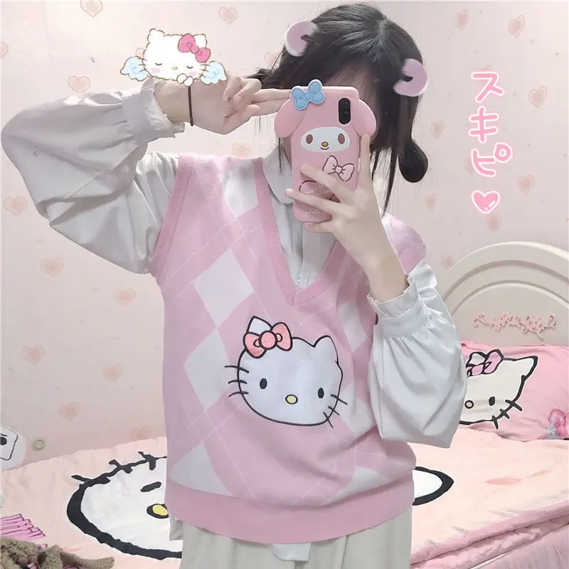 Sanrio Hello Kitty Pink Sweater Vest Kawaii Sleeveless Pullovers Women Japanese Style Cute Sweaters Y2K Sweet Tank Tops Outwear sanrio hello kitty sexy wide waistcoat y2k white sleeveless cartoon pattern slim fit blouse woman girls gift