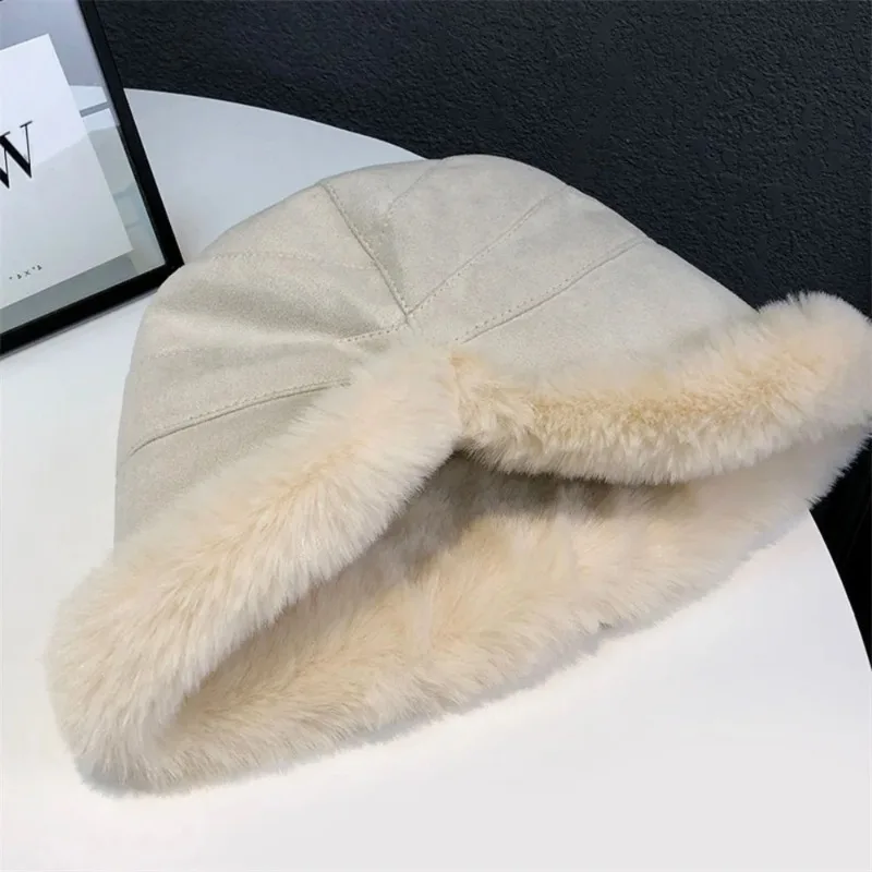 Women Winter Bucket Hat Faux Fur Warm Fisherman Cap Plus Velvet Soft Panama Hat Lady Outdoor Plush Sun Cap