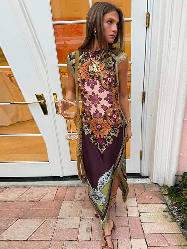 Elegantes bedrucktes Damenkleid mit Fransen, ärmellos, schmal geschnitten, asymmetrisch, für Partys und Abendveranstaltungen, Frühjahr/Sommer 2026, Damenkleider