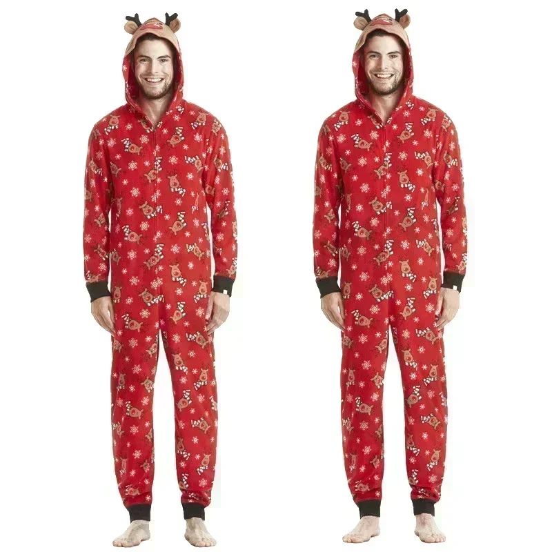 Christmas Matching Outfits for Family Elk Ear Hooded One-Piece Jumpsuit Romper Adults Kids Clothing Set Pajamas Xmas Look Pyjama 3