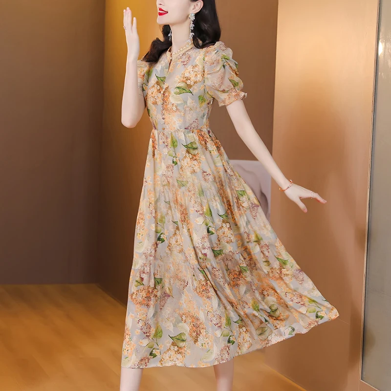 

2023 New Fashion Silk Printed Dress Women's Summer Elegant Versatile Retro Loose Fit Casual Holiday Dress Vestidos