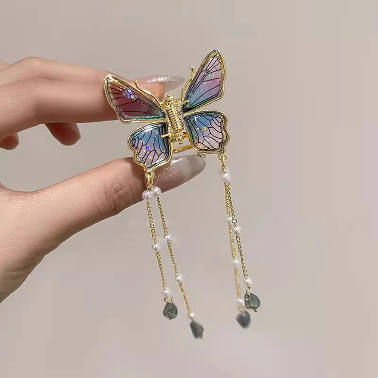 Elegant Gradient Butterfly Hair Claw with Pearl Tassel
