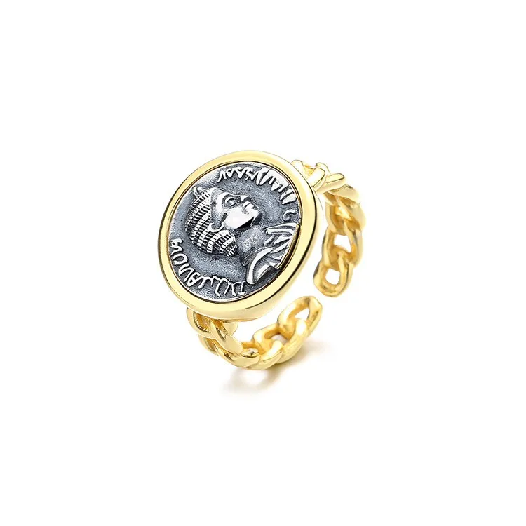 

R1 ZFSILVER Silver S925 Fashion Trendy Luxury Retro Gold Roman Relief Figure Ancient Coin Ring Women Wedding Party Jewelry Gift