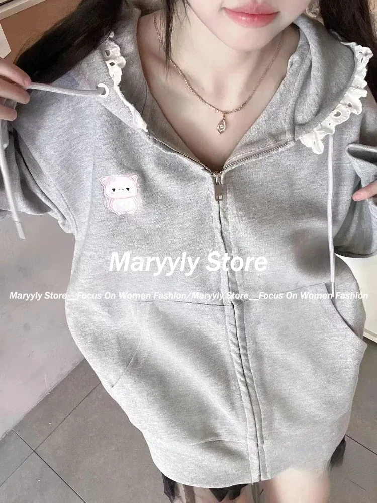 Autumn Japanese Sweet Cute Loose Hoodie Women Kawaii Design Lace