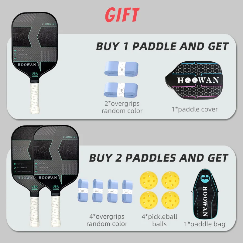 HOOWAN Carhorn Pickleball Paddle USAPA T700 Carbon Fiber 3K CFS with 16MM Polymer Hexa Core Pickle Ball Racket Set