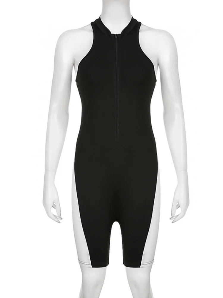 Sibybo Contrast Color Straps Bodycon Jumpsuits For Women Zipper Sleeveless Tenue Sexy Playsuit Sports Casual Femme One Piece