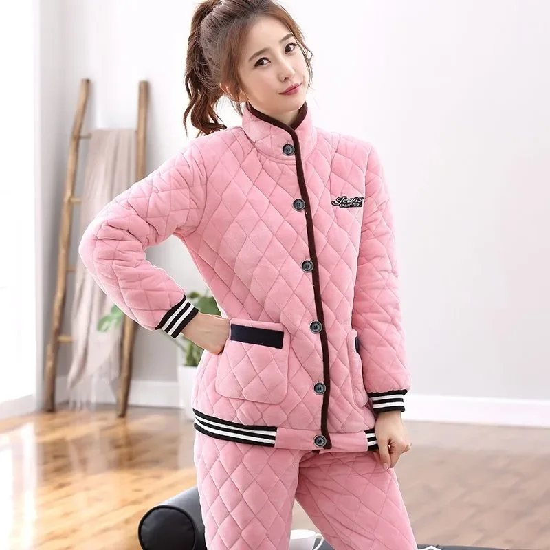 Women Winter Homewear Triple Thick Padded Cotton Sleep Clothes Flannel Loungewear Coral Fleece Famale Pajamas Warm Jacket Set