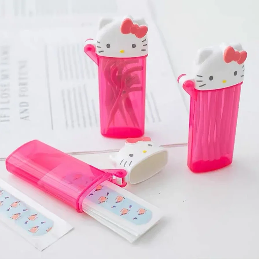 

Kawaii My Melodys Hello Kittys Portable Band Aid Storage Box Girl Lipstick Touch Up Cotton Swab Cartoon Mini Storage Box Gifts