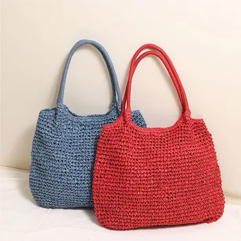 Borsa Tote in Paglia alla Moda, Borsa da Spiaggia Intrecciata Monocolore, Borsa a Spalla Casual Quadrata di Grande Capacità, Borsa da Donna, Bolsa Feminina