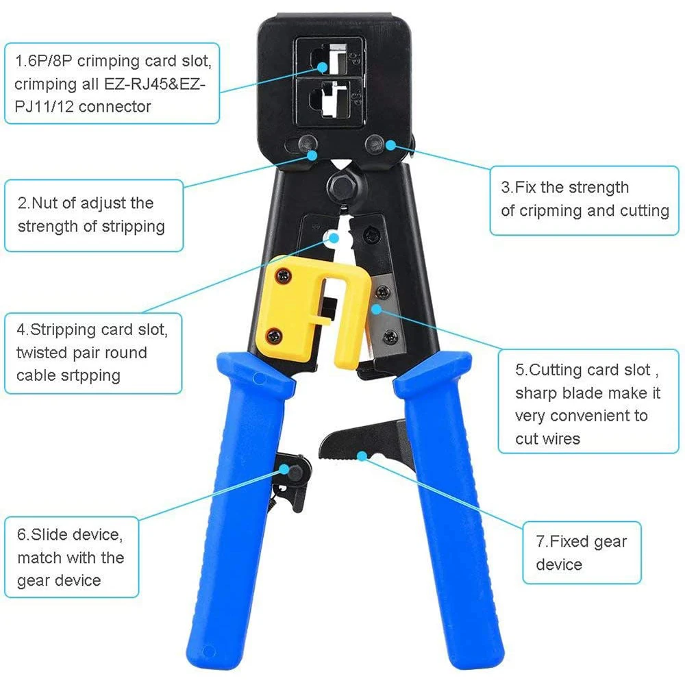 Ferramenta do Friso de Hoolnx Rj45 Passa Através do Descascador do Cortador do Crimper dos Ethernet para Cat5e Cat6 Rj45 Rj12 Regular e Passe da Extremidade Através dos Plugues a - Imagem 6