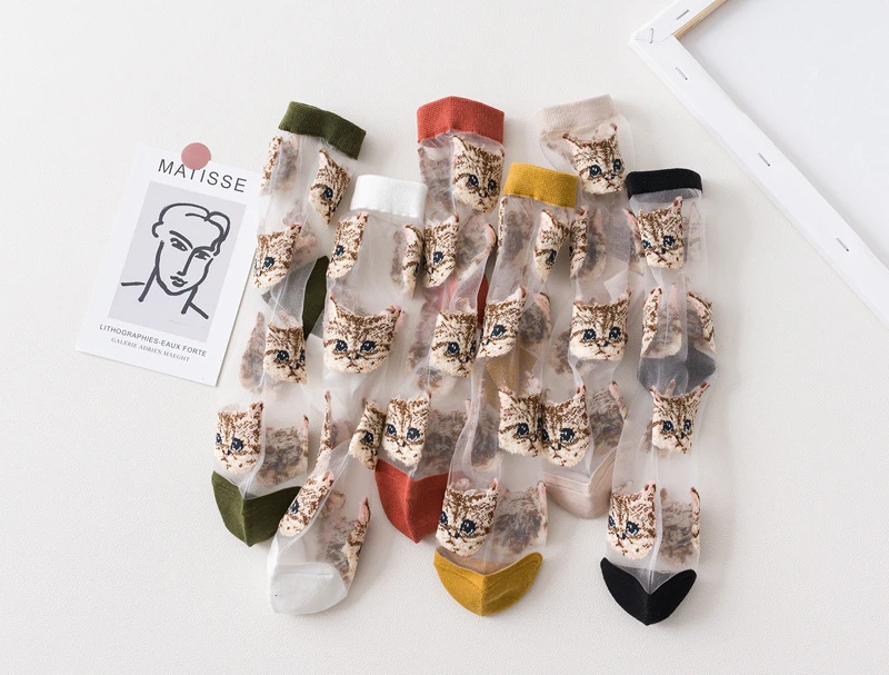 3 Pairs = 6 Stück Kühle Transparente Nette Katze Frauen Socken Atmungsaktive Damen Sommer Dünne Kawaii Seide Socken Für Frauen dropshipping – Detail 12