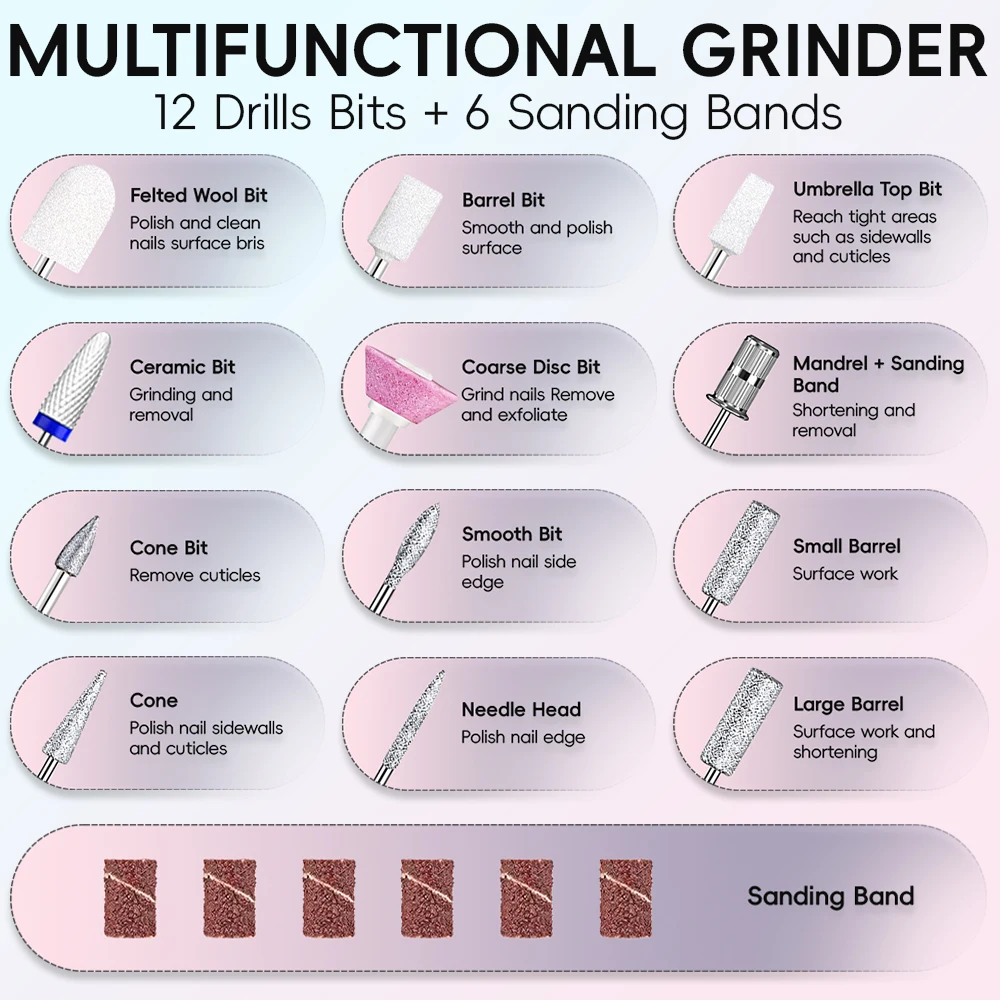 Professional Electric Nail Drill File with 3 Modes & LED Display, Rechargeable Portable Nail Machine Kit Manicure Pedicure Tools