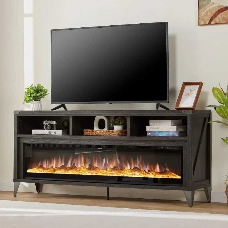 

65" Fireplace TV Stand with 60" Glass Electric Fireplace, Industrial & Farmhouse Media Entertainment Center with Open Shelve