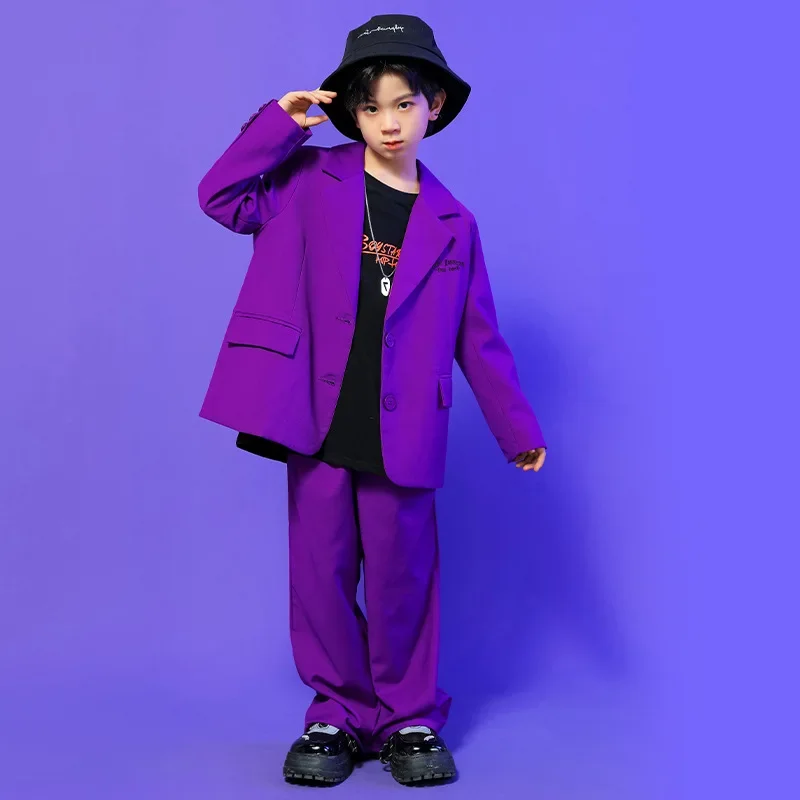 Jazz Dance Costumes for Kids Children Purple Hip Hop Suit Blazer Jacket Baggy Pants Modern Kpop Outfits Teenager Girl Stage Sets