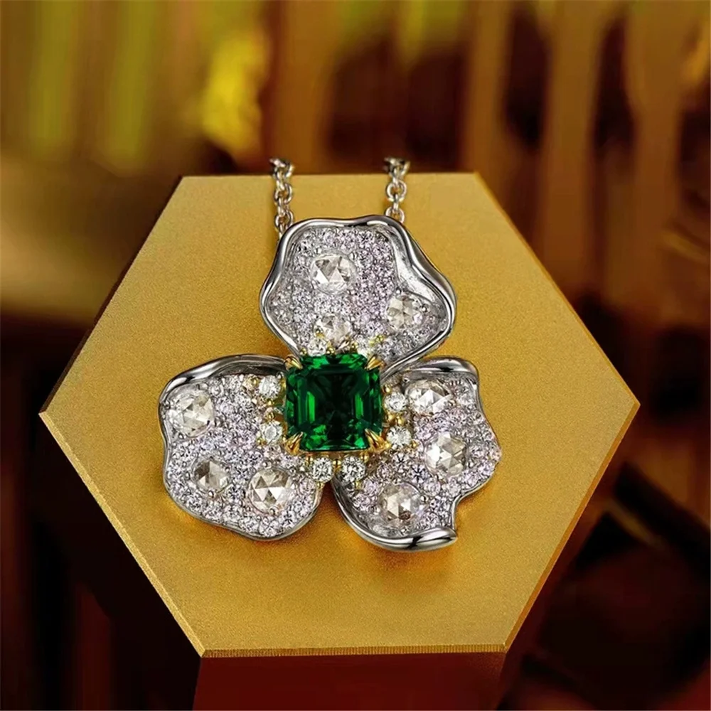 Female Luxury Crystal White Green Stone Pendant Necklace Vintage Silver Color Wedding Jewelry For Women