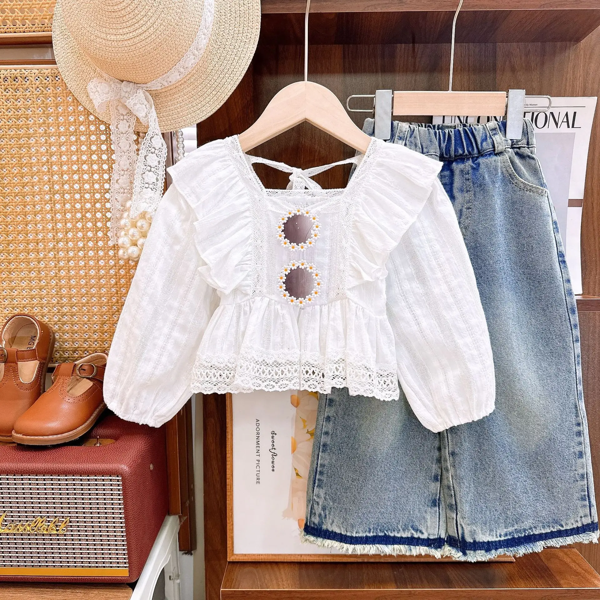 

Children's Clothing Sets Cute Puffy Sleeve Top and Straight-leg Jeans 2pcs Sets Kids Boutique Clothes for Girls 3 To 7 Years