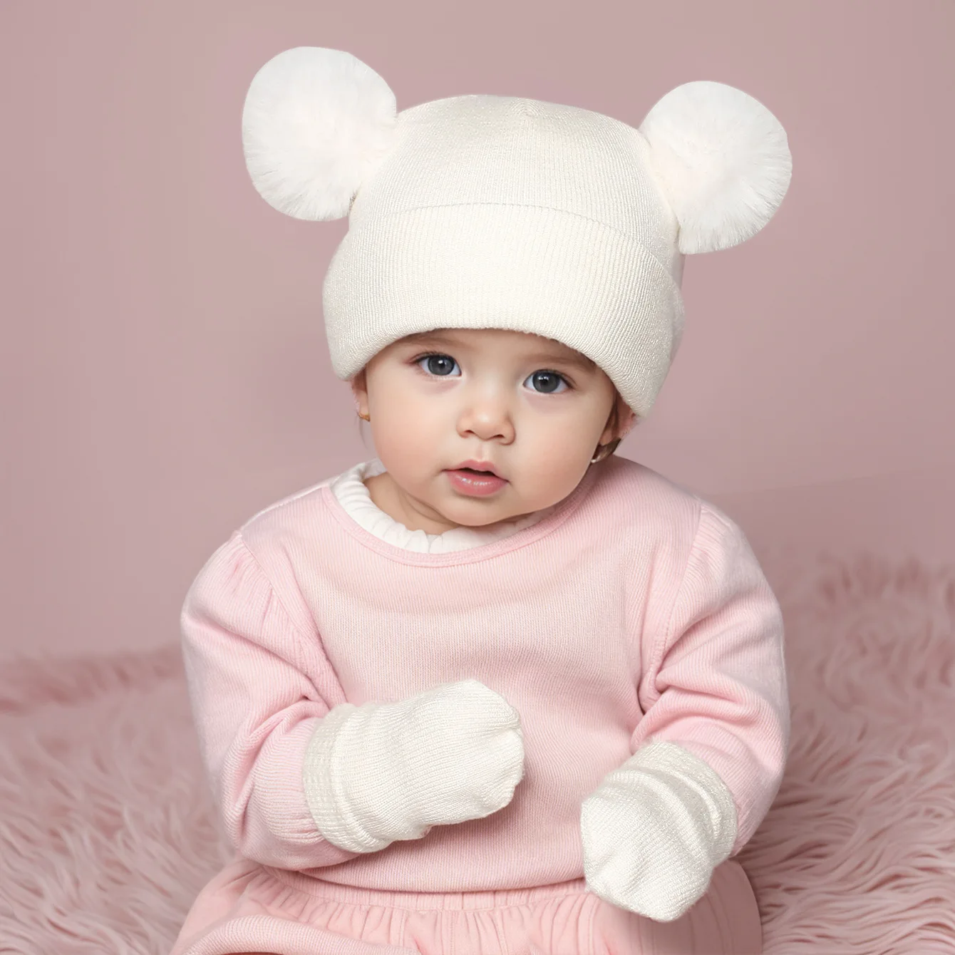 New Cute Infant Wool Ball Knitted Hat Gloves Set In Autumn Winter Baby Ear Protection Cap For Boys Girls Double Pompom Hats