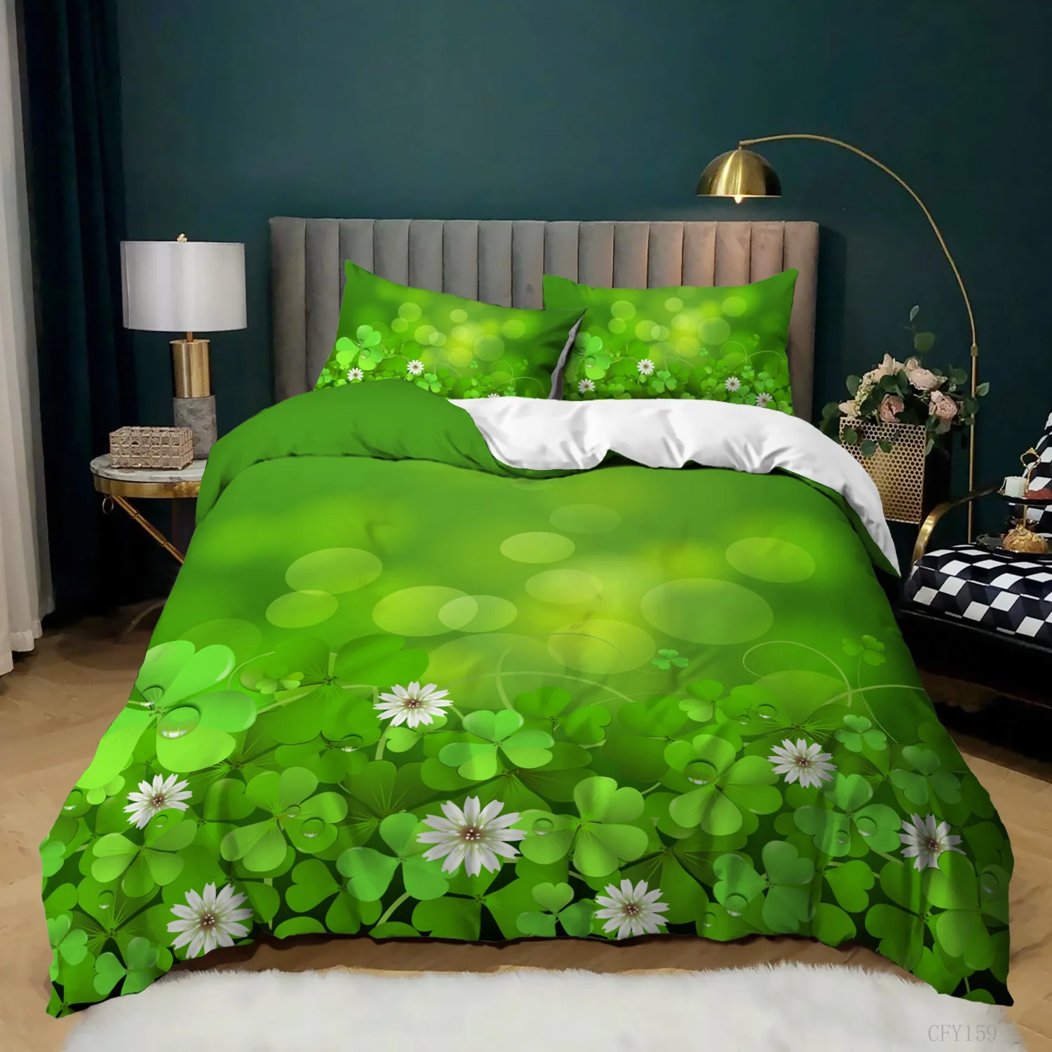 

Four-leaf Clover Duvet Cover Set King/Queen Size Lucky Green Leaves Theme Quilt Cover for Kids Teens Girl Polyester Bedding Set