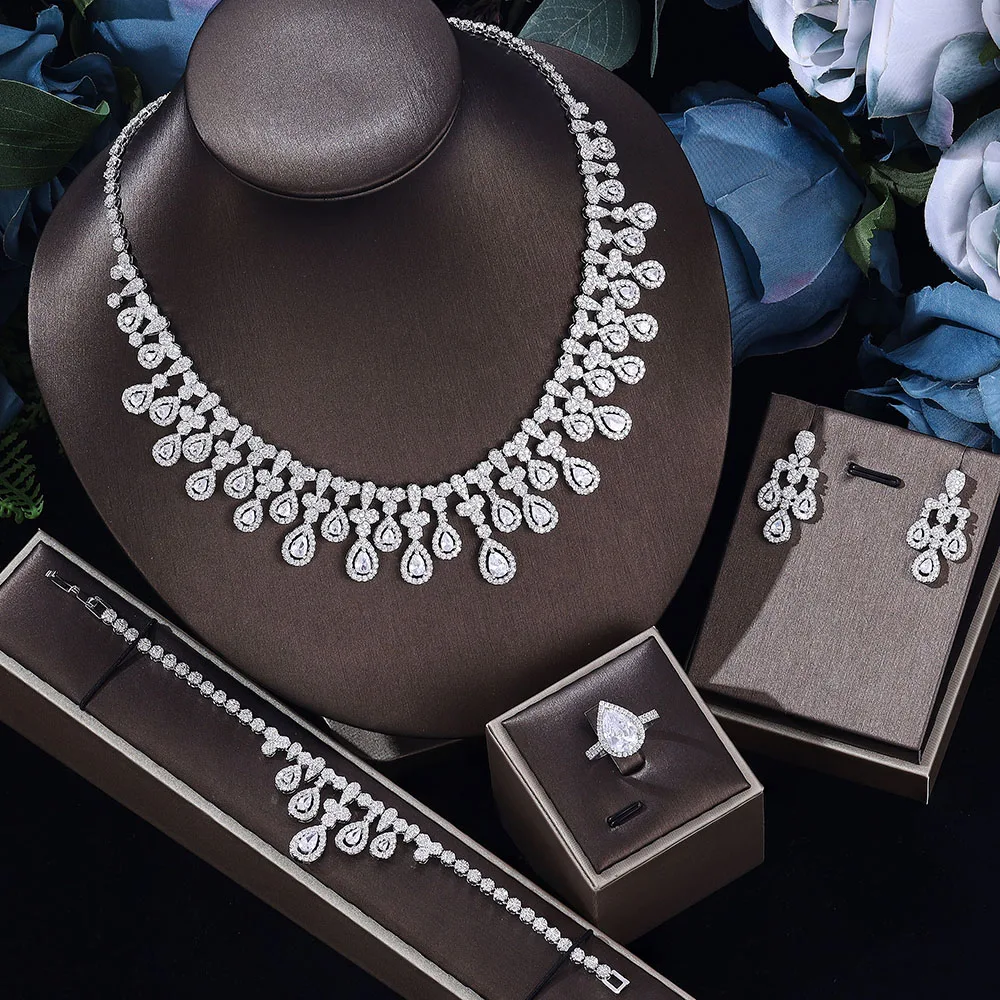 

Graceful Wedding Bridal Jewelry Set for Dubai Ladies Water Drop Zirconia 4 Pieces Full Set Necklace Bracelet Ring Earrings