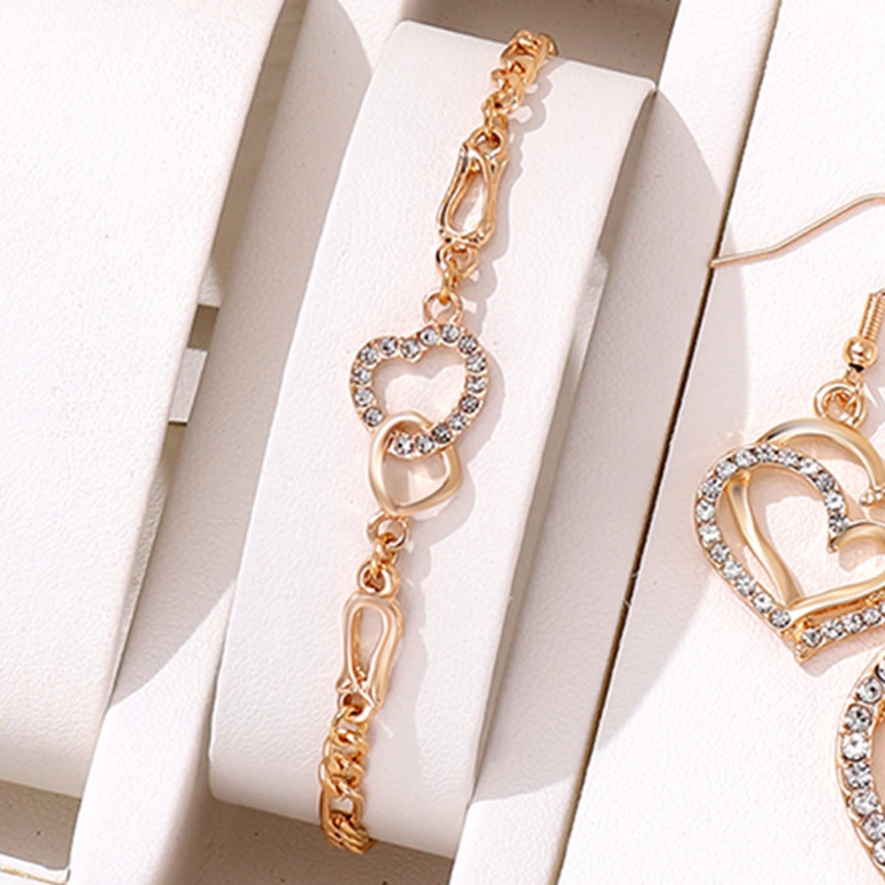 4-piece Women Jewelry Set Creative Double Heart Diamond Necklace Earrings Bracelet