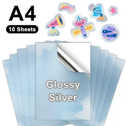 Holographic Printable Vinyl Sticker Paper - Waterproof Self-Adhesive Rainbow Laser Stickers, 10 Sheets A4 (Glossy Silver)