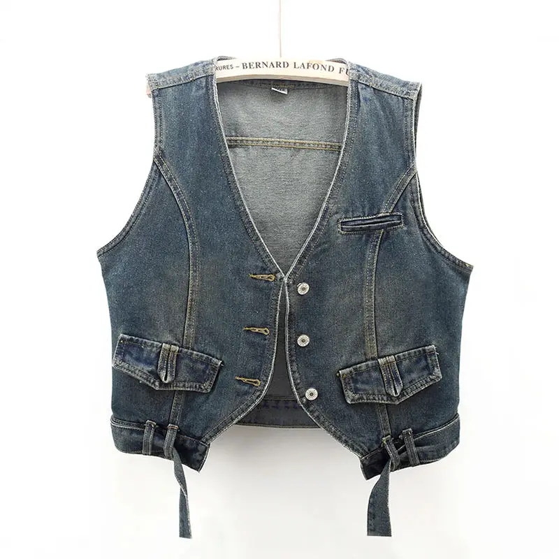 

Vintage Short Denim Vest Women Tops 2024 Spring And Autumn New Fashion V-Neck Cowboy Sleeveless Coat Female Jean Waistcoat T183