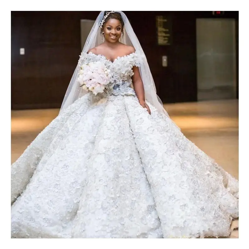 

Sexy yet Contemporary Floral Luxurious Off Shoulder Ball Gown Cinderella Custom Made Bridal Bride Wedding Dress