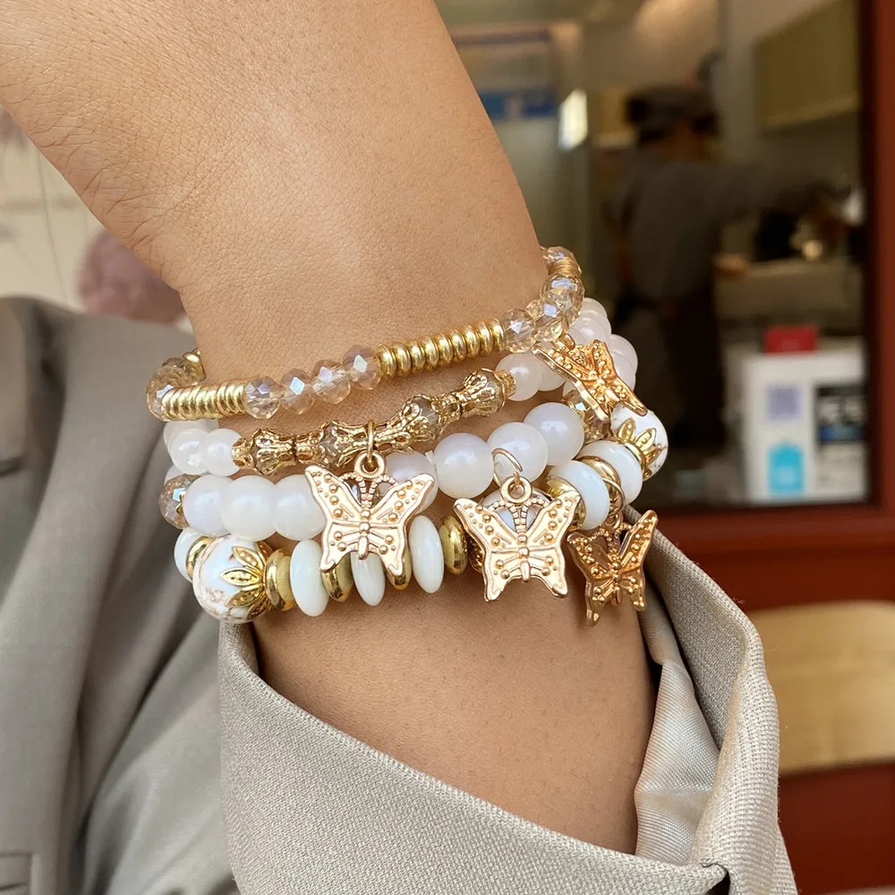 4pcs/set Gold Color Butterfly Beaded Bracelet For Women Men Colorful