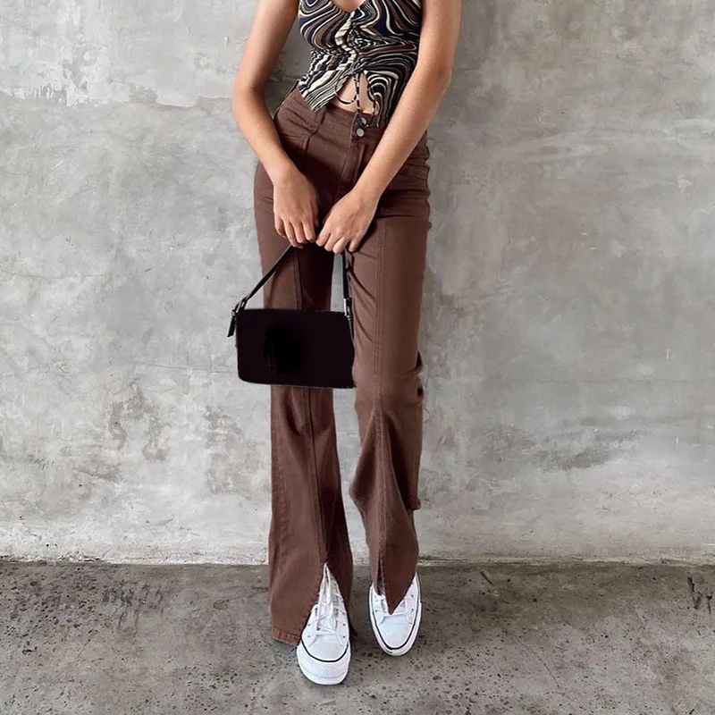 2024 Trend European and American Women's Retro Hot Girl Style Solid Color Slim-fit Split Micro Autumn and Winter Denim Trousers