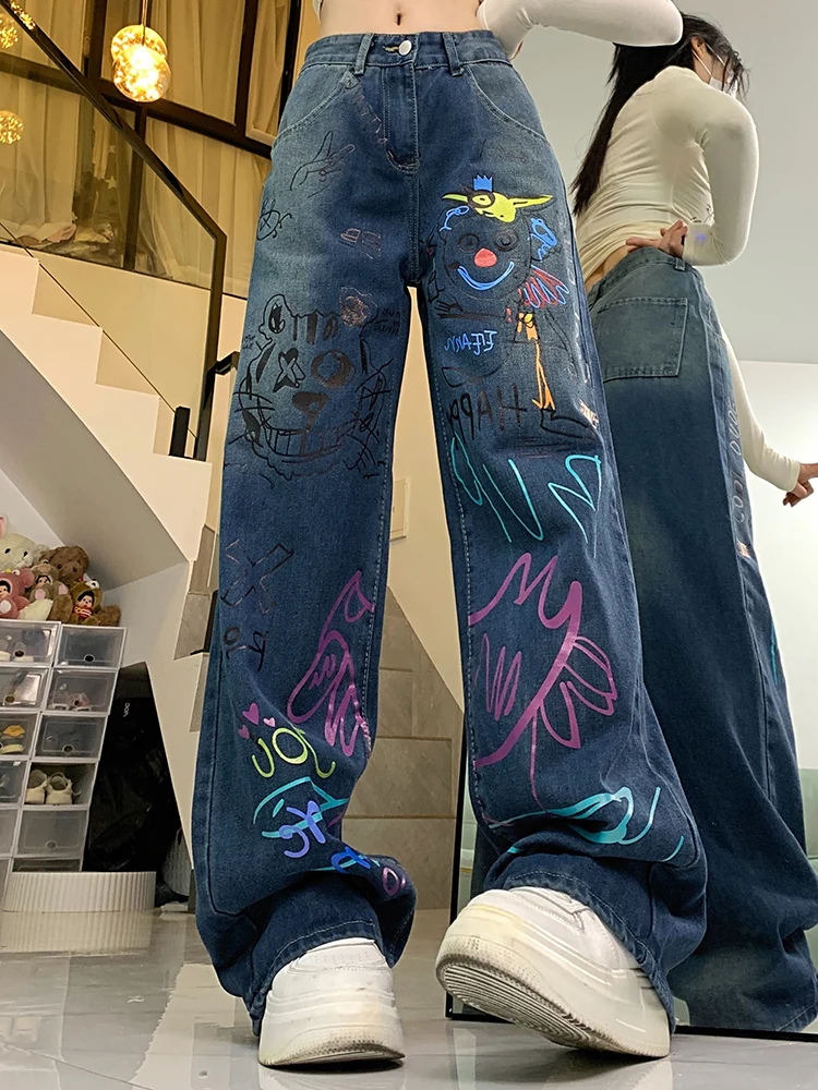 

Female High Waist Washed Coloured Pattern Denim Trousers Girls American Retro High Street Blue Hip Hop Painted Graffiti Jeans
