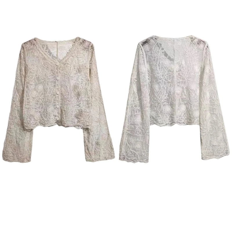 Korean Sheer Lace Jackets Blouses Long Sleeve Buttons Cardigan for Womens Dropship