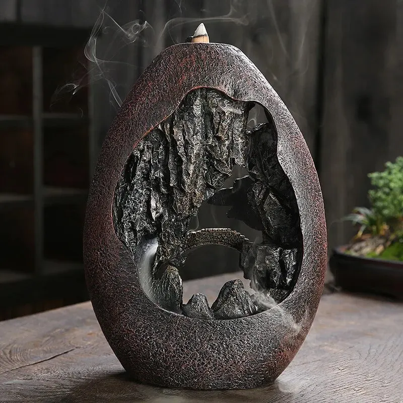 1pc, Smoke Waterfall Backflow Incense Burner Creative Home Decor Incense Holder Portable Resin Censer Mountain River Handicraft