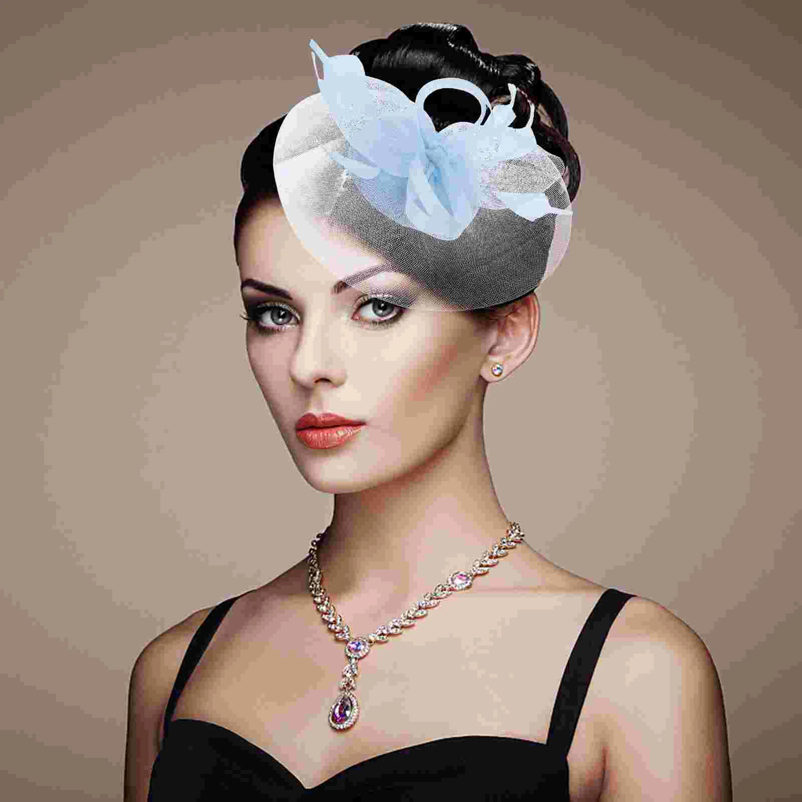 

Top Hat Bridal Feather Mesh Hair Accessories and Linen Headdress (light Blue) Banquet Vintage Tea Party Headpiece