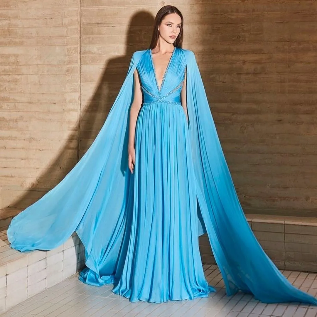 

Fashionvane Plunging V Neck Sexy Dresses Women Wear Formal Occasion Evening Dresses Beaded Flutter Sleeves Zipper Back Prom Gown