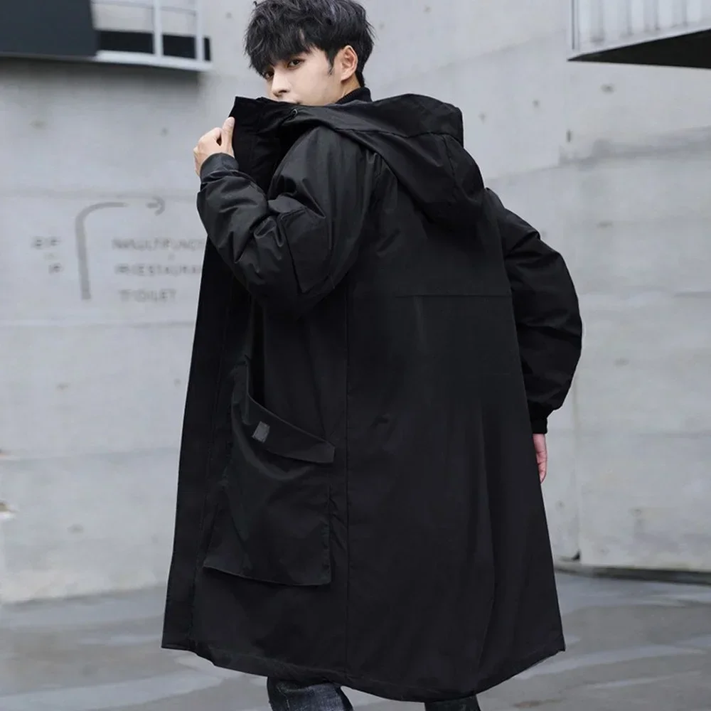 

Korean Fashion Long Jacket Men With Hood Pure Black Hooded Windbreaker Jacket Overcoat Autumn Men Big Pockets Extra Large Size