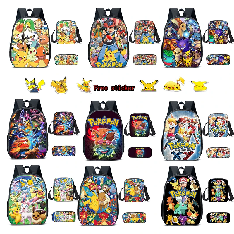 

Pikachu Pokemon SchoolBag Cartoon Shoulder Bags with Pencil Case Eevee Casual Canvas Bag Backpack Primary Schoolbag Mochila Gift