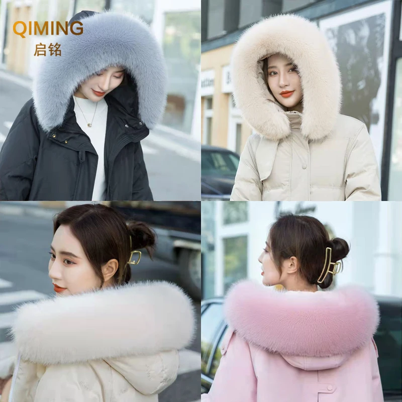 Winter Faux Fur Collar Furry Fluffy Fox Fur Scarf Neck Warmer Women Shawls And Wraps Scarves Detachable Hood Fur Trim Coat Parka 3