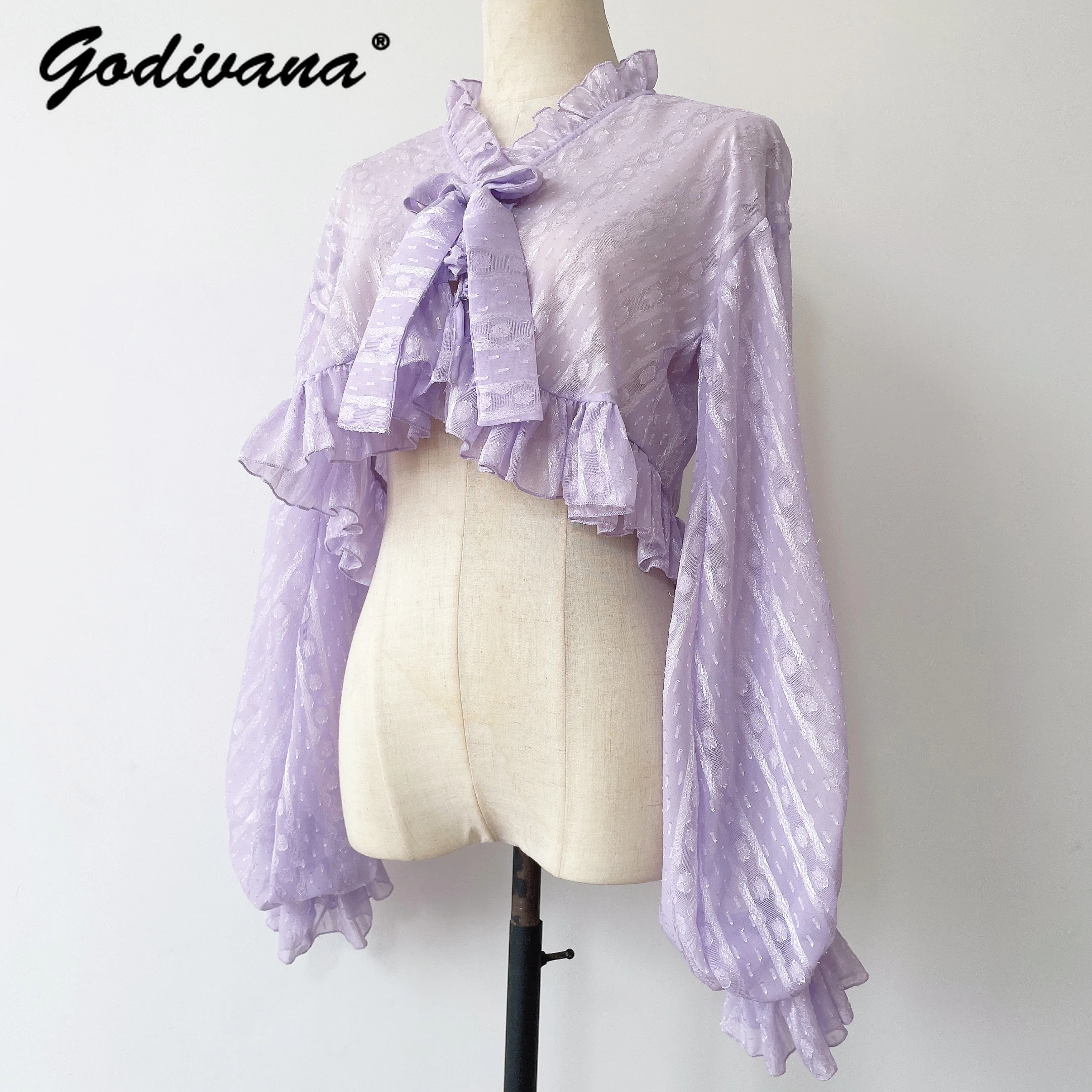 

Lolita Lantern Sleeve Chiffon Short Tops Outer Wear Girl's Inner Bow Cardigan Sun Protection Shirt Thin Blouse Coat