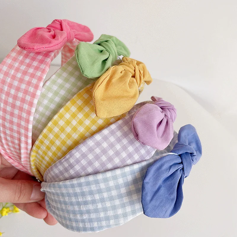 

Spring Bunny Ears Hair Band Girl Baby Plaid Cotton Headband Usual Korean Style Hairband For Kids Wide Accessories Princess Tiara