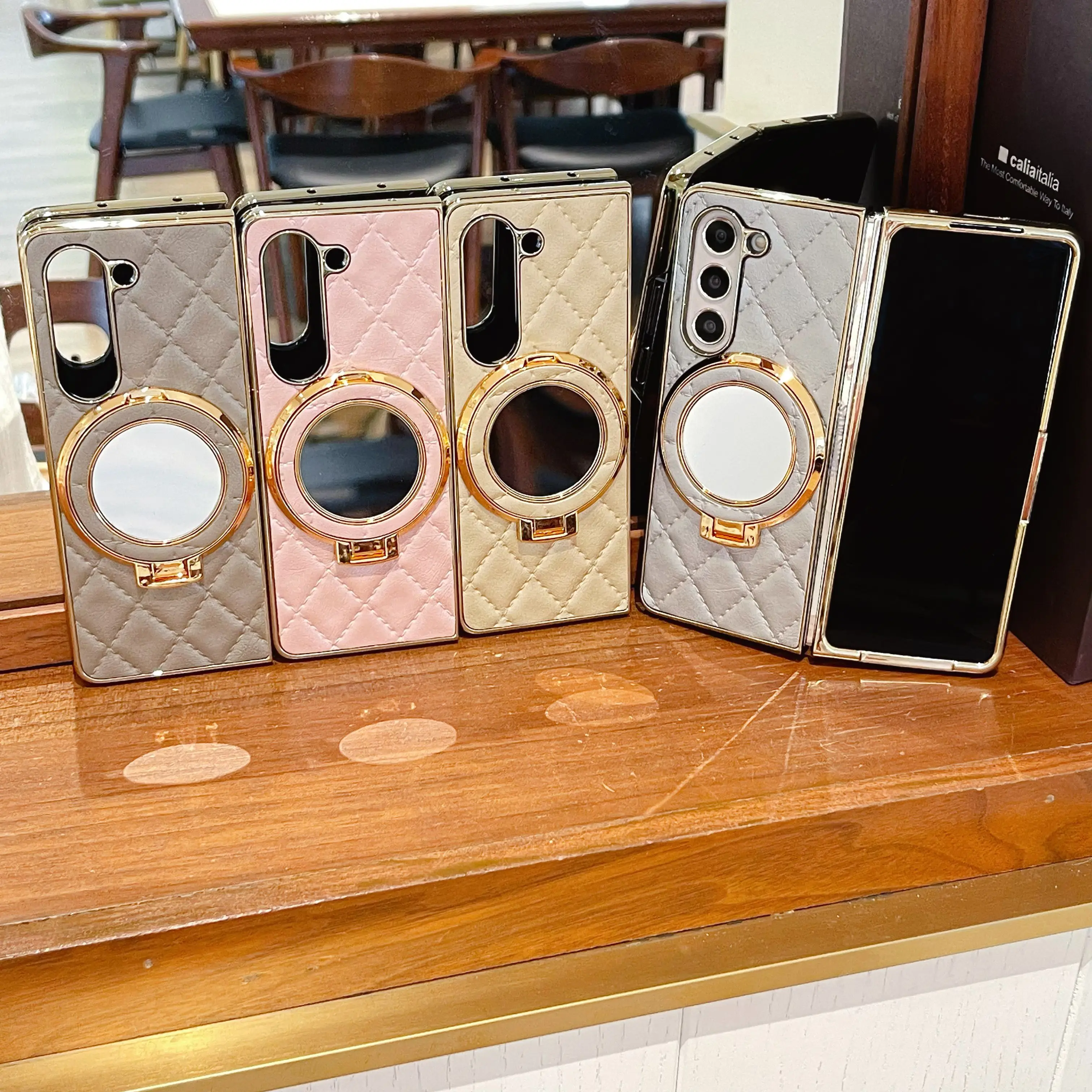 Luxury Leather Phone Case with Cosmetic Mirror Holder and Bracket