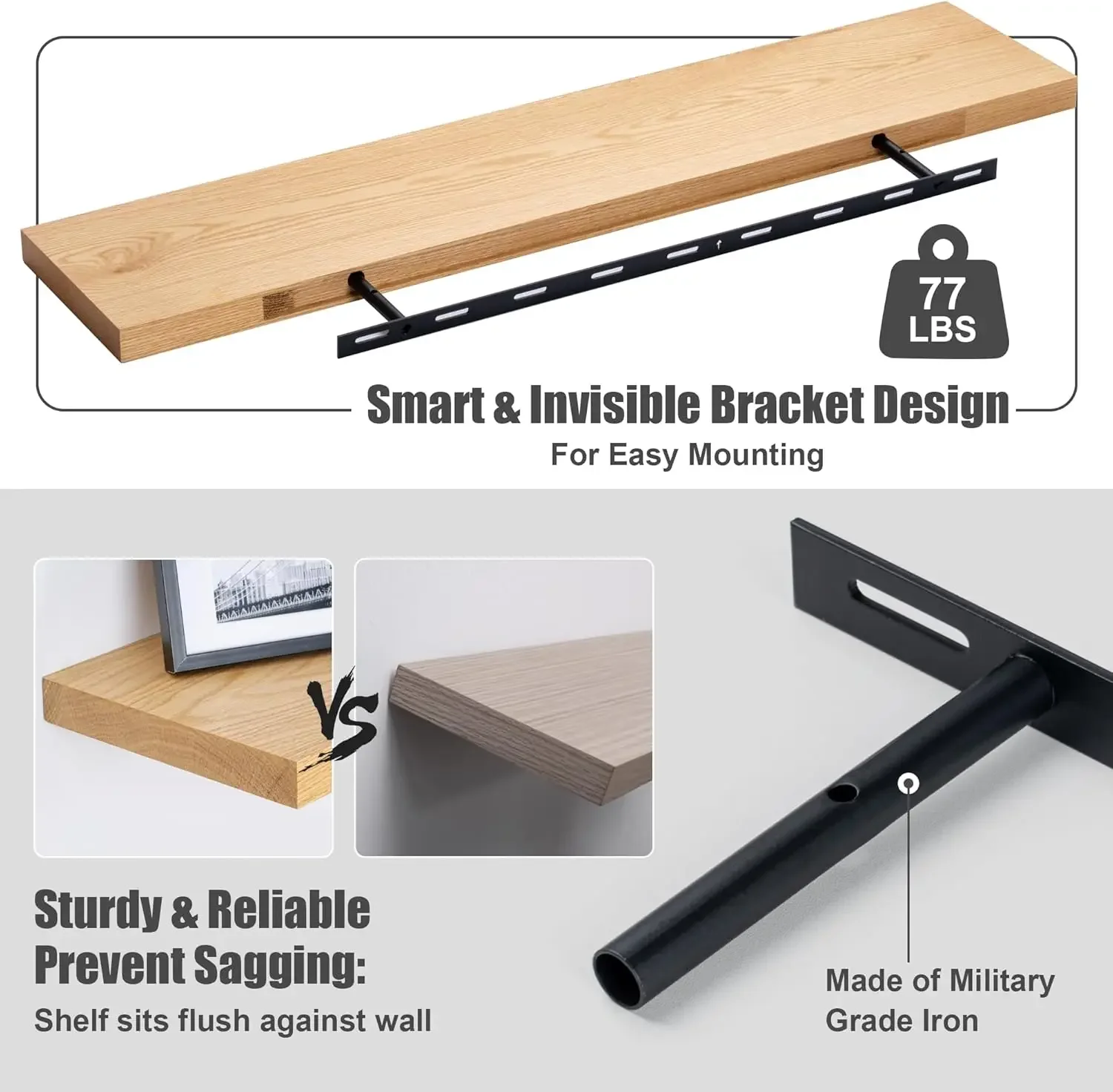 Solid Oak Floating Shelves-Set of 2, 36" Wide x 8" Deep Wall Mounted Rustic Wooden Display Shelf for Bathroom Bedroom Kitchen