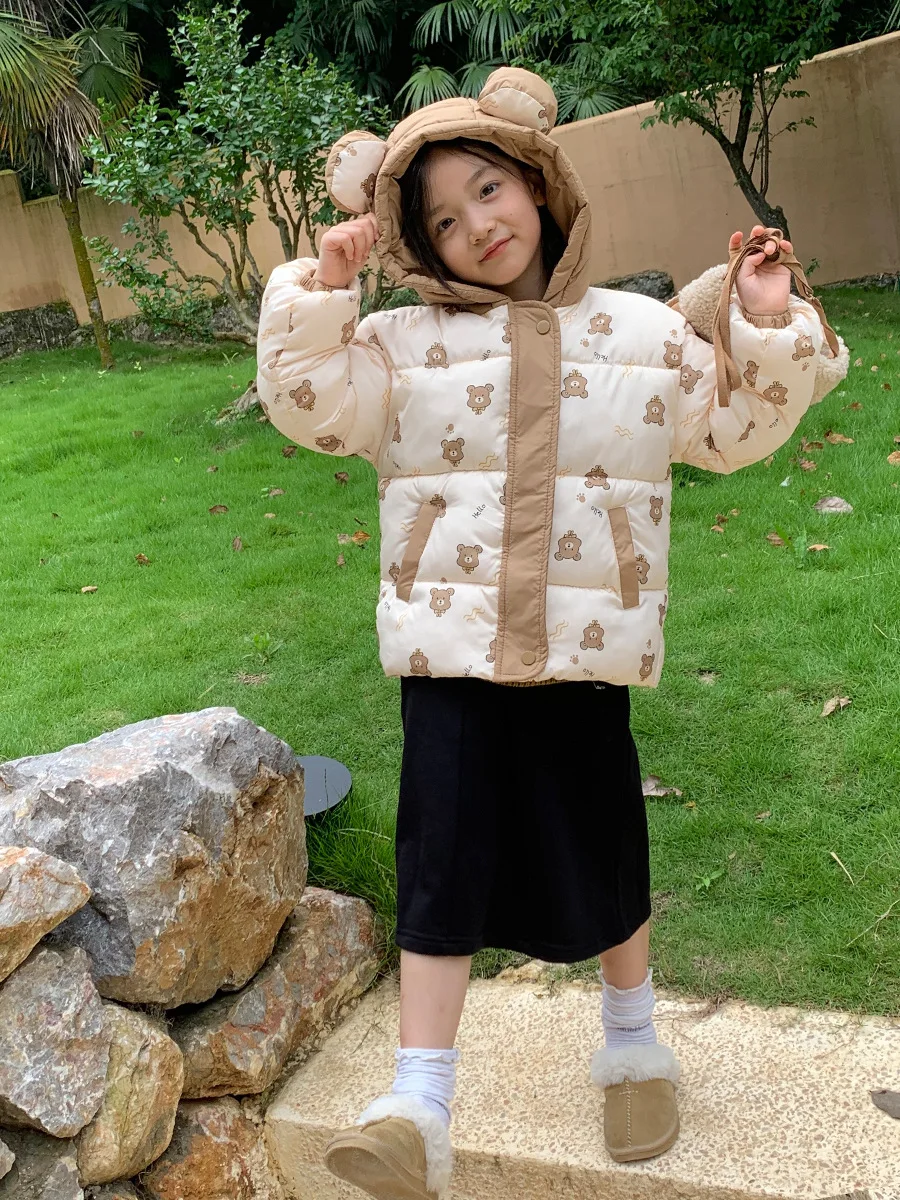 8024 Children Hooded Coat Cotton-padded Jacket Winter New Super Cute Baby Boy's Coat Thick Warm Bear