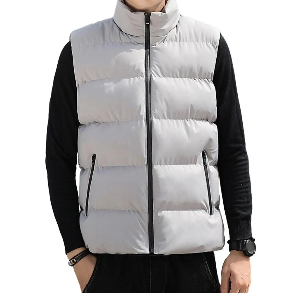 

Fall Winter Men Vest Coat Padded Thickened Stand Collar Neck Protection Pure Color Sleeveless Windproof Zipper Pockets Zip Up Wa