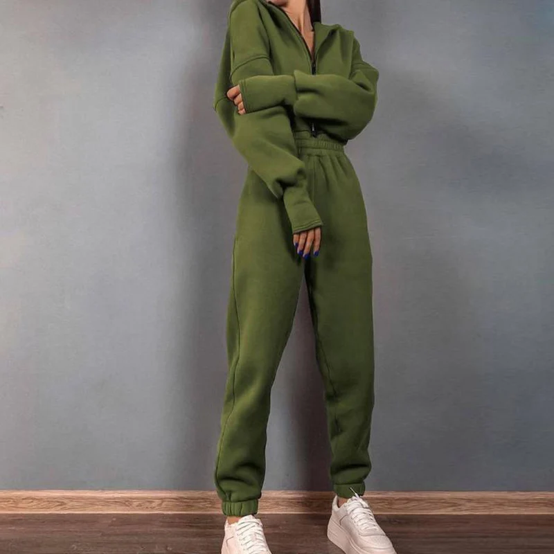 Winter Hoodie Jumpsuit Elegant Women Outfits High Waist Long Sweatshirt Sweatpant Zipper Up Tracksuit Female Fall Clothing